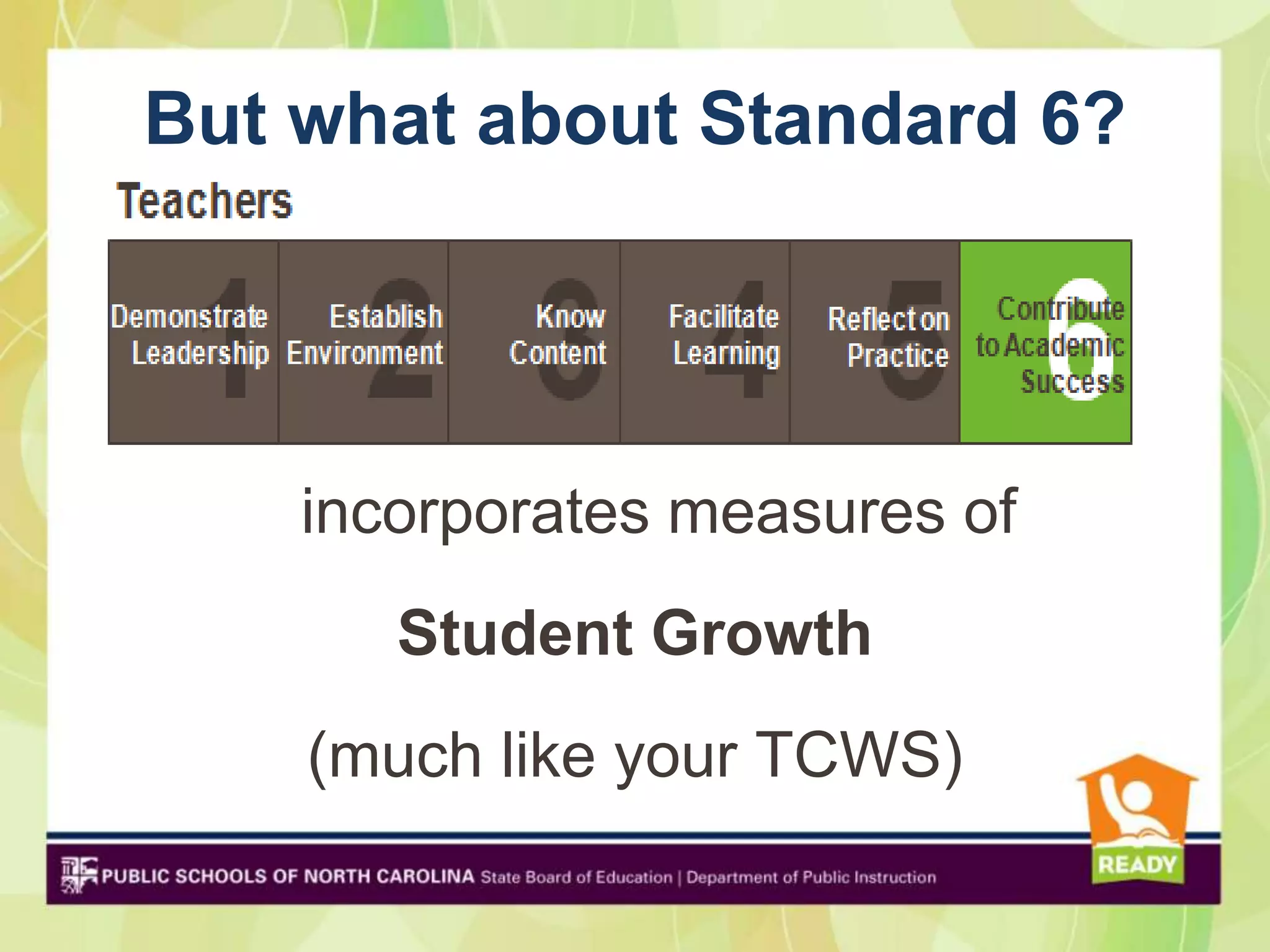 But what about Standard 6?



          Standard 6
    incorporates measures of
       Student Growth
    (much like your TCWS)
 