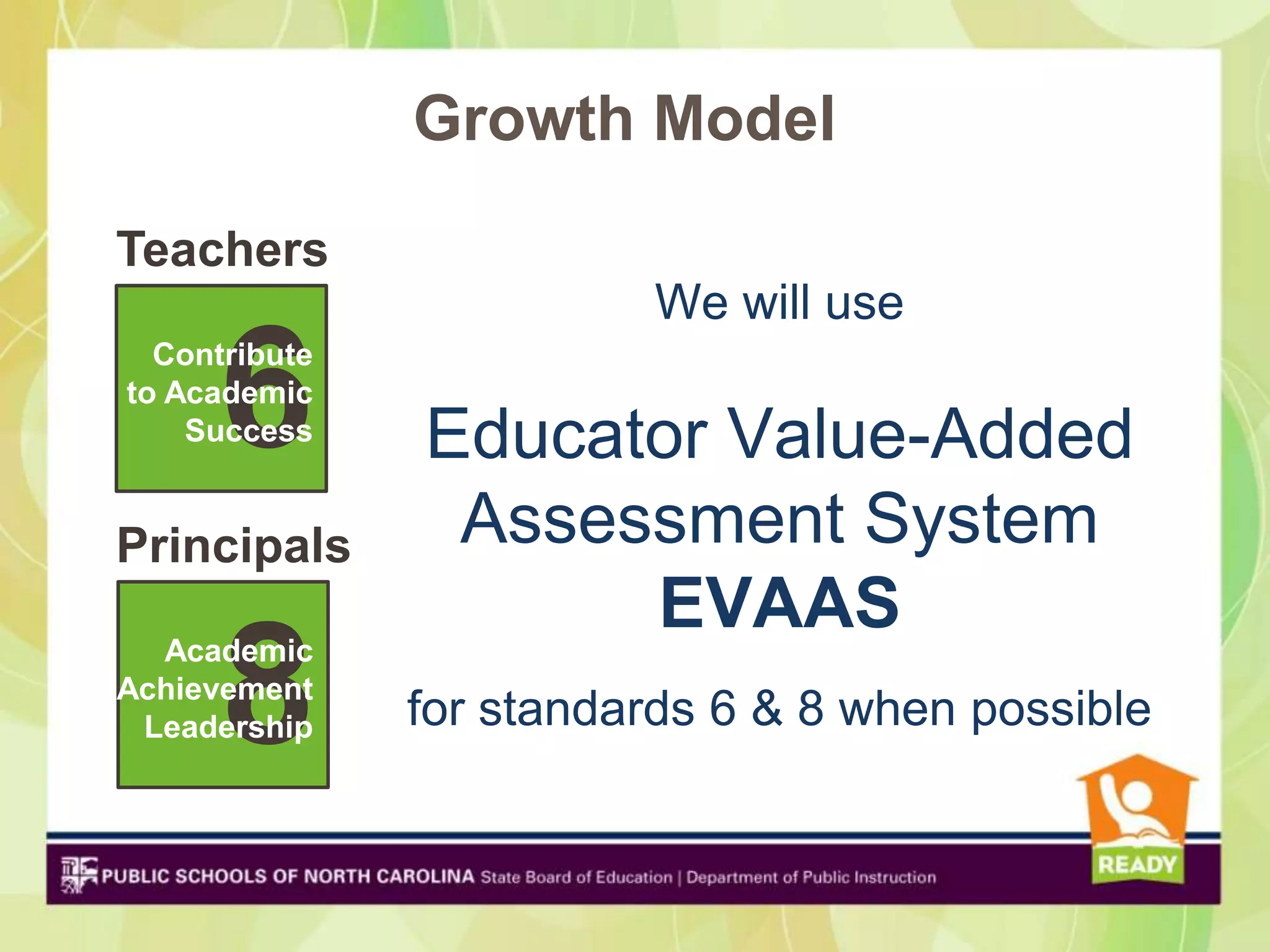 Growth Model
    Teachers
                               We will use

           6
       Contribute
     to Academic
         Success
                     Educator Value-Added
    Principals        Assessment System
                           EVAAS
  Academic
Achievement
 Leadership
           8
       Academic
      Achievement
        Leadership   for standards 6 & 8 when possible
 