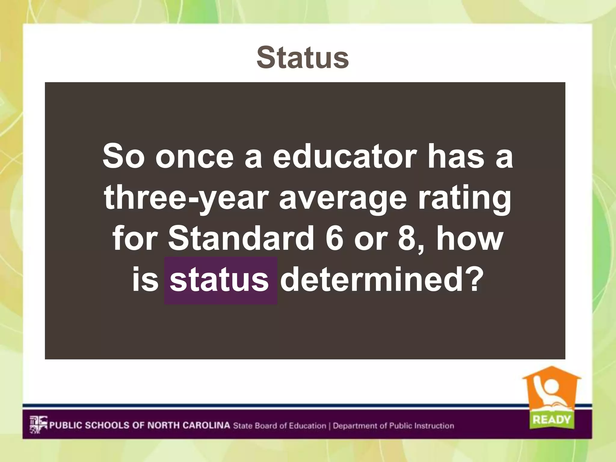 Status


So once a educator has a
three-year average rating
 for Standard 6 or 8, how
  is status determined?
 
