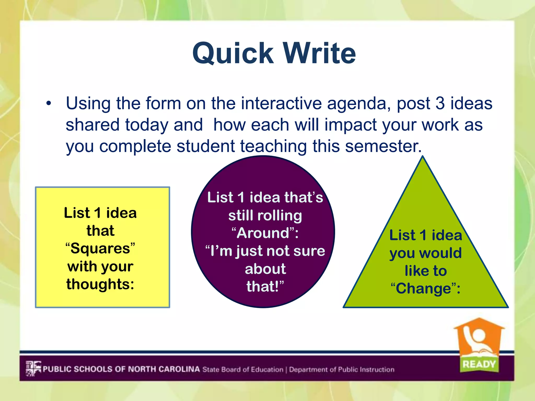 Quick Write
• Using the form on the interactive agenda, post 3 ideas
  shared today and how each will impact your work as
  you complete student teaching this semester.

                   List 1 idea that’s
  List 1 idea          still rolling
     that              “Around”:           List 1 idea
  “Squares”        “I’m just not sure      you would
  with your               about              like to
  thoughts:               that!”           “Change”:
 