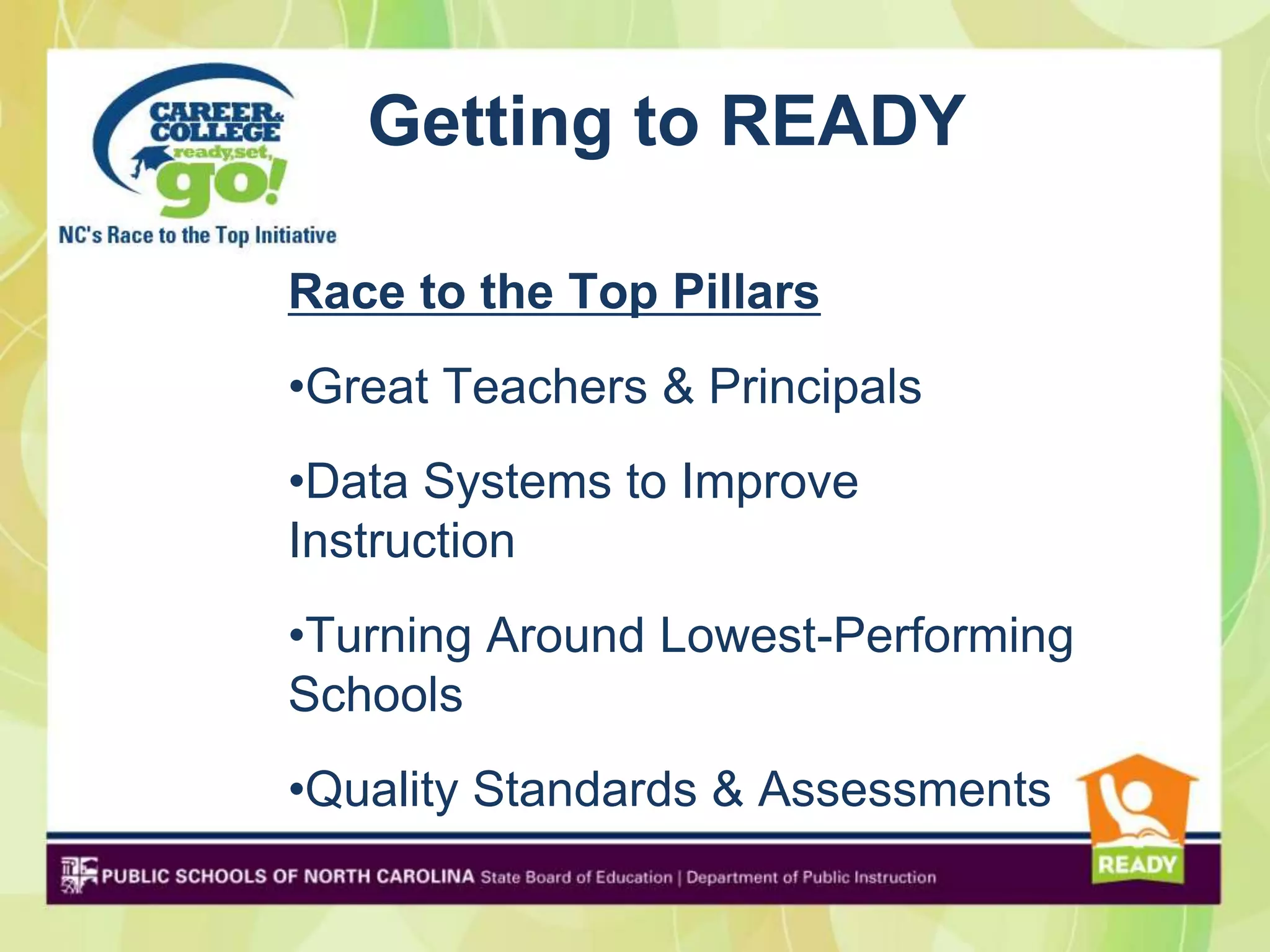Getting to READY

Race to the Top Pillars
•Great Teachers & Principals
•Data Systems to Improve
Instruction
•Turning Around Lowest-Performing
Schools
•Quality Standards & Assessments
 