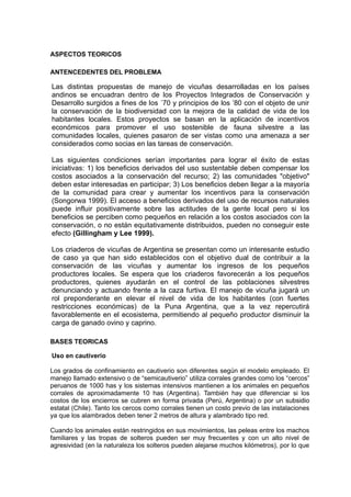 ASPECTOS TEORICOS

ANTENCEDENTES DEL PROBLEMA

Las distintas propuestas de manejo de vicuñas desarrolladas en los países
andinos se encuadran dentro de los Proyectos Integrados de Conservación y
Desarrollo surgidos a fines de los ´70 y principios de los ’80 con el objeto de unir
la conservación de la biodiversidad con la mejora de la calidad de vida de los
habitantes locales. Estos proyectos se basan en la aplicación de incentivos
económicos para promover el uso sostenible de fauna silvestre a las
comunidades locales, quienes pasaron de ser vistas como una amenaza a ser
considerados como socias en las tareas de conservación.

Las siguientes condiciones serían importantes para lograr el éxito de estas
iniciativas: 1) los beneficios derivados del uso sustentable deben compensar los
costos asociados a la conservación del recurso; 2) las comunidades "objetivo"
deben estar interesadas en participar; 3) Los beneficios deben llegar a la mayoría
de la comunidad para crear y aumentar los incentivos para la conservación
(Songorwa 1999). El acceso a beneficios derivados del uso de recursos naturales
puede influir positivamente sobre las actitudes de la gente local pero si los
beneficios se perciben como pequeños en relación a los costos asociados con la
conservación, o no están equitativamente distribuidos, pueden no conseguir este
efecto (Gillingham y Lee 1999).

Los criaderos de vicuñas de Argentina se presentan como un interesante estudio
de caso ya que han sido establecidos con el objetivo dual de contribuir a la
conservación de las vicuñas y aumentar los ingresos de los pequeños
productores locales. Se espera que los criaderos favorecerán a los pequeños
productores, quienes ayudarán en el control de las poblaciones silvestres
denunciando y actuando frente a la caza furtiva. El manejo de vicuña jugará un
rol preponderante en elevar el nivel de vida de los habitantes (con fuertes
restricciones económicas) de la Puna Argentina, que a la vez repercutirá
favorablemente en el ecosistema, permitiendo al pequeño productor disminuir la
carga de ganado ovino y caprino.

BASES TEORICAS

Uso en cautiverio

Los grados de confinamiento en cautiverio son diferentes según el modelo empleado. El
manejo llamado extensivo o de “semicautiverio” utiliza corrales grandes como los “cercos”
peruanos de 1000 has y los sistemas intensivos mantienen a los animales en pequeños
corrales de aproximadamente 10 has (Argentina). También hay que diferenciar si los
costos de los encierros se cubren en forma privada (Perú, Argentina) o por un subsidio
estatal (Chile). Tanto los cercos como corrales tienen un costo previo de las instalaciones
ya que los alambrados deben tener 2 metros de altura y alambrado tipo red.

Cuando los animales están restringidos en sus movimientos, las peleas entre los machos
familiares y las tropas de solteros pueden ser muy frecuentes y con un alto nivel de
agresividad (en la naturaleza los solteros pueden alejarse muchos kilómetros), por lo que
 