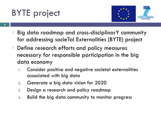 BYTE project 
䡦 Big data roadmap and cross-disciplinarY community 
for addressing socieTal Externalities (BYTE) project 
䡦...