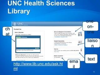 one-
                                           on-
ch
                                           one
at
                                           liaiso
                                              n

                                           text
                                     ema
     http://www.lib.unc.edu/ask.ht
     ml                               il
                                              11
 