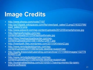    http://www.shorpy.com/node/7197
   http://ps10ipads.wikispaces.com/file/view/ipad_sales12.png/216323766/
    ipad_sales12.png
   http://www.joboord.com/wp-content/uploads/2012/05/smartphones.jpg
   http://laptopsforsalez.com/wp-
    content/uploads/2012/04/laptopsforsale.jpg
   http://blog.freedownloadscenter.com/wp-
    content/uploads/2007/08/1180427299-1.jpg
   http://heartpath.files.wordpress.com/2011/04/vision2.jpg
   http://www.remotedesktopmac.com/wp-
    content/uploads/2011/08/remote-desktop-support.jpg
   http://suptg.thisisnotatrueending.com/archive/17711900/images/132779
    8246072.gif
   http://www.remotedesktopmac.com/wp-
    content/uploads/2011/08/remote-desktop-support.jpg
   http://sustainablelifeblog.com/2010/05/17/saving-money-tip-open-
    source-software/
                                                                        21
 