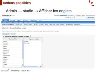 nAcademy – 19 Juin 2013
Actions possibles
Admin → studio → Afficher les onglets
 