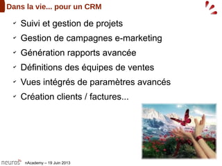 nAcademy – 19 Juin 2013
Dans la vie... pour un CRM
✔
Suivi et gestion de projets
✔
Gestion de campagnes e-marketing
✔
Génération rapports avancée
✔
Définitions des équipes de ventes
✔
Vues intégrés de paramètres avancés
✔
Création clients / factures...
 