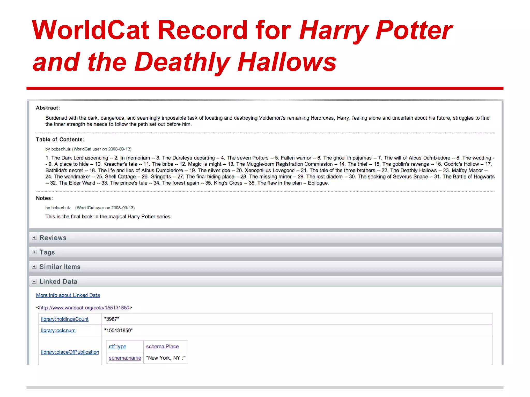 WorldCat Record for Harry Potter
and the Deathly Hallows
 