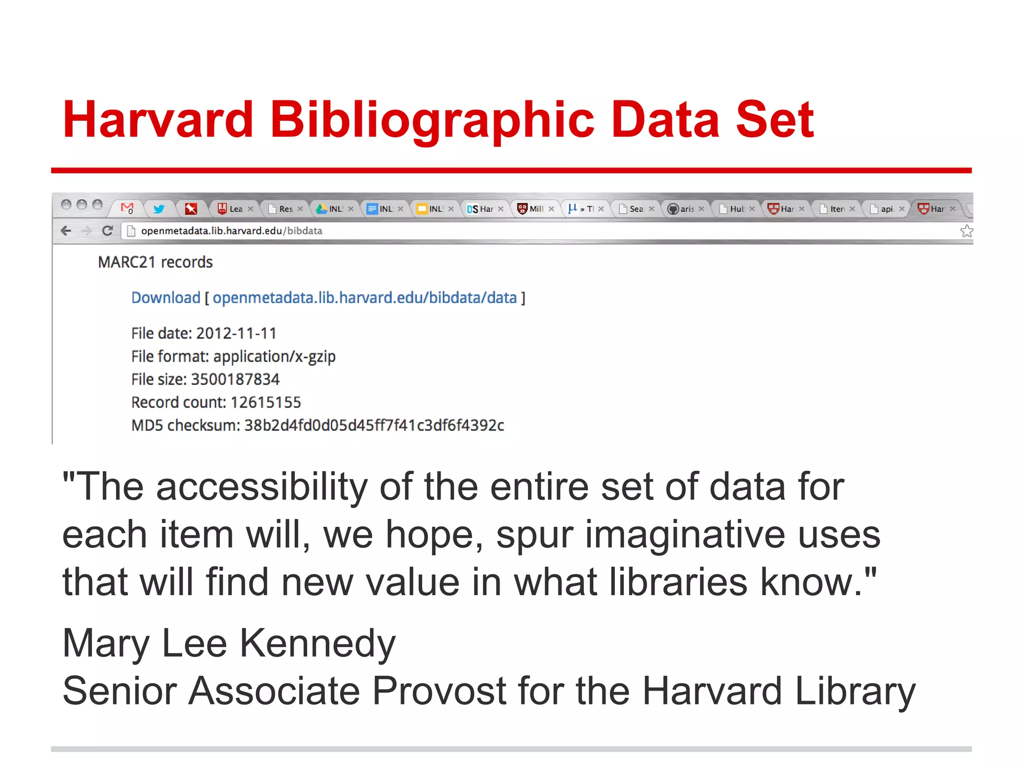 Harvard Bibliographic Data Set




"The accessibility of the entire set of data for
each item will, we hope, spur imaginative uses
that will find new value in what libraries know."
Mary Lee Kennedy
Senior Associate Provost for the Harvard Library
 