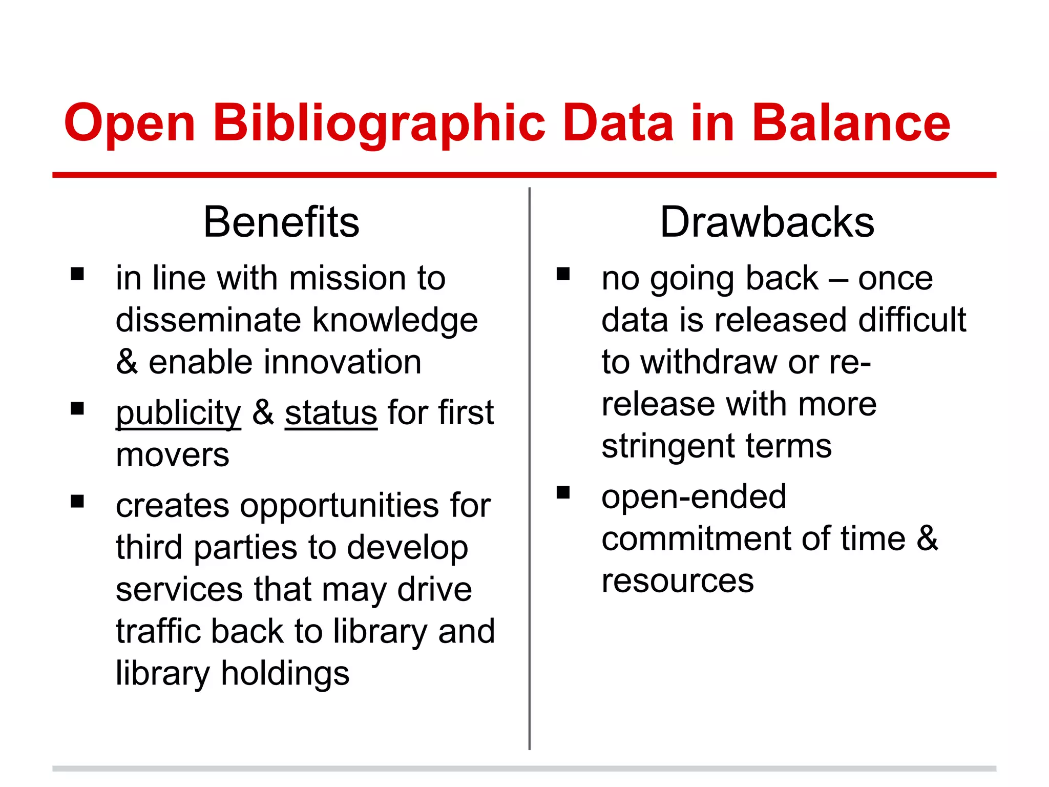 Open Bibliographic Data in Balance
          Benefits                         Drawbacks
 in line with mission to           no going back – once
    disseminate knowledge              data is released difficult
    & enable innovation                to withdraw or re-
   publicity & status for first       release with more
    movers                             stringent terms
   creates opportunities for         open-ended
    third parties to develop           commitment of time &
    services that may drive            resources
    traffic back to library and
    library holdings
 