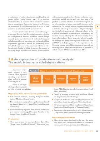 a combination of public policy initiatives and funding, and
private outlets (Trinity Session, 2003). It is uncertain
whether this kind of assistance will be possible for countries
that are trying to grow their creative industries in the context
of pressures on all countries to open up all sectors of their
economies to international trade and investment.
Concern about cultural diversity has caused many gov-
ernments in developed and developing countries to prioritize
the development of domestic audiovisual content through
national quotas and other types of preferential treatment,
including subsidies, tax incentives, and tariffs and dubbing
requirements applicable to the film and broadcasting indus-
tries.The heavy reliance of the audiovisual industry on pub-
lic and donor funding in Africa, for instance, has resulted in
financially fragile industries with limited creative freedom
and poorly maintained or often obsolete production equip-
ment where available. On the other hand, since many of the
products of creative industries are entertainment goods and
are often classified as luxury items, tariff structures can be
unfavourable. For example, musical equipment in Zimbabwe
is treated as a luxury good and carries a 25 per cent import
tax. Similarly, the printing and publishing industry in the
Caribbean is faced with inconsistencies in the regulatory and
taxation policies affecting the sub-sector whereby books
imported in hard copy do not attract duty whereas inputs for
the industry and manuscripts imported in electronic form
(CD-ROM) do. Eighty per cent of the paper used in the
Moroccan printing and publishing industry is imported, and
these imports are subject to customs duties of between 10
and 50 per cent (D’Almeida and Alleman, 2004).
93C R E AT I V E E C O N O M Y R E P O R T 2 0 1 0
3.6 An application of production-chain analysis:
The music industry in sub-Saharan Africa
An overview of the
music industry in sub-
Saharan Africa, organized
according to production-
chain analysis, is summa-
rized in figure 3.3.
Details of the stages
of this production chain in
the African context are as follows:
Beginning: Idea and content generation
I Rich musical traditions, including Congolese rumba,
Zaïroise Moderne, Afropop, gospel.
I New sounds now emerging from rapidly urbanized youth
e.g., Kwaito (South Africa), Bongo Flava (United Republic
of Tanzania).
I Political leadership important when music is used to sup-
port national identity, e.g., Democratic Republic of the
Congo, United Republic of Tanzania.
Production
I Three main centres for music production: East Africa
(Kenya, United Republic of Tanzania);West Africa (Ivory
Coast, Mali, Nigeria, Senegal); Southern Africa (South
Africa, Zimbabwe).
I Growth of recording industries reflects different colonial
ties (English: weak; French: strong).
I Independent studios and labels set up by entrepreneurs and
artists (Ivory Coast, Senegal, South Africa, Zimbabwe).
I Self-producing artists and State broadcasters (Mozambique,
South Africa, United Republic of Tanzania, Zambia).
I Increasingly, artists are recording in other African countries
(Kenya, South Africa) rather than travelling to Europe.
Distribution/circulation
I Most African music distributed locally, but a few artists
have broken into International markets via distributors
outside Africa (France, Germany, United Kingdom).
Analysingthecreativeeconomy
3
Figure 3.3 Stages of a music production chain in sub-Saharan Africa
Beginning:
Idea and
content
generation
Production Distribution/
circulation
Exhibition/
delivery
Audience
reception/
feedback
 