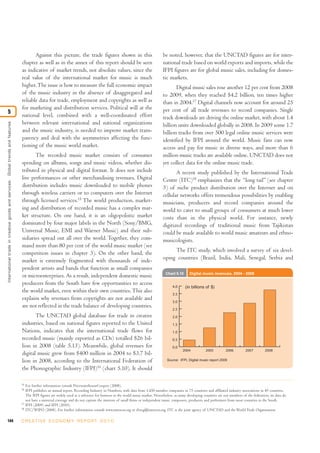 Against this picture, the trade figures shown in this
chapter as well as in the annex of this report should be seen
as indicative of market trends, not absolute values, since the
real value of the international market for music is much
higher.The issue is how to measure the full economic impact
of the music industry in the absence of disaggregated and
reliable data for trade, employment and copyrights as well as
for marketing and distribution services. Political will at the
national level, combined with a well-coordinated effort
between relevant international and national organizations
and the music industry, is needed to improve market trans-
parency and deal with the asymmetries affecting the func-
tioning of the music world market.
The recorded music market consists of consumer
spending on albums, songs and music videos, whether dis-
tributed in physical and digital format. It does not include
live performances or other merchandising revenues. Digital
distribution includes music downloaded to mobile phones
through wireless carriers or to computers over the Internet
through licensed services.15
The world production, market-
ing and distribution of recorded music has a complex mar-
ket structure. On one hand, it is an oligopolistic market
dominated by four major labels in the North (Sony/BMG,
Universal Music, EMI and Warner Music) and their sub-
sidiaries spread out all over the world. Together, they com-
mand more than 80 per cent of the world music market (see
competition issues in chapter 3). On the other hand, the
market is extremely fragmented with thousands of inde-
pendent artists and bands that function as small companies
or microenterprises. As a result, independent domestic music
producers from the South have few opportunities to access
the world market, even within their own countries.This also
explains why revenues from copyrights are not available and
are not reflected in the trade balance of developing countries.
The UNCTAD global database for trade in creative
industries, based on national figures reported to the United
Nations, indicates that the international trade flows for
recorded music (mainly exported as CDs) totalled $26 bil-
lion in 2008 (table 5.13). Meanwhile, global revenues for
digital music grew from $400 million in 2004 to $3.7 bil-
lion in 2008, according to the International Federation of
the Phonographic Industry (IFPI)16
(chart 5.10). It should
be noted, however, that the UNCTAD figures are for inter-
national trade based on world exports and imports, while the
IFPI figures are for global music sales, including for domes-
tic markets.
Digital music sales rose another 12 per cent from 2008
to 2009, when they reached $4.2 billion, ten times higher
than in 2004.17
Digital channels now account for around 25
per cent of all trade revenues to record companies. Single
track downloads are driving the online market, with about 1.4
billion units downloaded globally in 2008. In 2009 some 1.7
billion tracks from over 500 legal online music services were
identified by IFPI around the world. Music fans can now
access and pay for music in diverse ways, and more than 6
million music tracks are available online. UNCTAD does not
yet collect data for the online music trade.
A recent study published by the International Trade
Centre (ITC)18
emphasizes that the “long tail” (see chapter
3) of niche product distribution over the Internet and on
cellular networks offers tremendous possibilities by enabling
musicians, producers and record companies around the
world to cater to small groups of consumers at much lower
costs than in the physical world. For instance, newly
digitized recordings of traditional music from Tajikistan
could be made available to world music amateurs and ethno-
musicologists.
The ITC study, which involved a survey of six devel-
oping countries (Brazil, India, Mali, Senegal, Serbia and
144 C R E AT I V E E C O N O M Y R E P O R T 2 0 1 0
Internationaltradeincreativegoodsandservices:Globaltrendsandfeatures
5
Chart 5.10 Digital music revenues, 2004 - 2008
(in billions of $)
2004 2005 2006 2007 2008
Source: IFPI, Digital music report 2009
0.0
0.5
1.0
1.5
2.0
2.5
3.0
3.5
4.0
15
For further information consult PricewaterhouseCoopers (2008).
16
IFPI publishes an annual report, Recording Industry in Numbers, with data from 1,450 member companies in 75 countries and affiliated industry associations in 49 countries.
The IFPI figures are widely used as a reference for business in the world music market. Nevertheless, as many developing countries are not members of the federation, its data do
not have a universal coverage and do not capture the interests of small firms or independent music composers, producers and performers from most countries in the South.
17
IFPI (2009) and IFPI (2010).
18
ITC/WIPO (2008). For further information consult www.intracen.org or ifcreg@intracen.org. ITC is the joint agency of UNCTAD and the World Trade Organization.
 