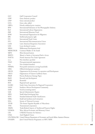 GCC Gulf Cooperation Council
GDP Gross domestic product
GNP Gross national product
GVA Gross value added
HIPCs Heavily indebted poor countries
IFPI International Federation of the Phonographic Industry
ILO International Labour Organization
IMF International Monetary Fund
IOM International Organization for Migration
IPR Intellectual property right
ITC International Trade Centre
ITU International Telecommunication Union
LAIA Latin American Integration Association
LDC Least developed country
MDG Millennium Development Goal
MERCOSUR Common Market of the South
MFN Most-favoured nation
MSITS Manual on Statistics of International Trade in Services
NAFTA North American Free Trade Agreement
n.e.s. Not elsewhere specified
NGO Non-governmental organization
n.i.e. Not included elsewhere
NPISHs Non-profit institutions serving households
ODA Official development assistance
OECD Organisation for Economic Co-operation and Development
OECS Organisation of Eastern Caribbean States
PRSP Poverty Reduction Strategy Paper
R&D Research and development
RMB Renminbi
RTA Regional trade agreement
SAARC South Asian Association for Regional Cooperation
SADC Southern African Development Community
SAM Social accounting matrix
SAR Special Administrative Region
SIDS Small island developing State
SITC Standard Industrial Trade Classification
SMEs Small and medium-sized enterprises
SNA System of National Accounts
TFYR The former Yugoslav Republic of Macedonia
TNC Transnational corporation
TRIPS Trade-Related Aspects of Intellectual Property Rights
UEMOA West African Economic and Monetary Union
UIS UNESCO Institute for Statistics
UMA Arab Maghreb Union
UN/DESA/SD United Nations Department of Economic and Social Affairs, Statistics Division
UNAIDS Joint United Nations Programme on HIV/AIDS
xxviiC R E AT I V E E C O N O M Y R E P O R T 2 0 1 0
Abbreviationsandacronyms
 
