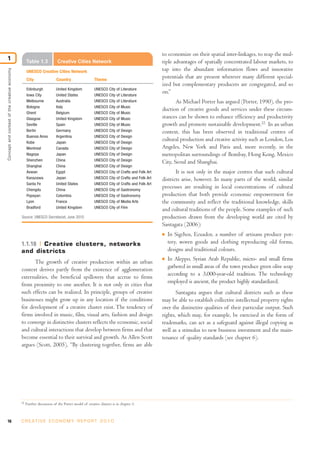 16 C R E AT I V E E C O N O M Y R E P O R T 2 0 1 0
Conceptandcontextofthecreativeeconomy
1
1.1.10 Creative clusters, networks
and districts
The growth of creative production within an urban
context derives partly from the existence of agglomeration
externalities, the beneficial spillovers that accrue to firms
from proximity to one another. It is not only in cities that
such effects can be realized. In principle, groups of creative
businesses might grow up in any location if the conditions
for development of a creative cluster exist. The tendency of
firms involved in music, film, visual arts, fashion and design
to converge in distinctive clusters reflects the economic, social
and cultural interactions that develop between firms and that
become essential to their survival and growth. As Allen Scott
argues (Scott, 2005), “By clustering together, firms are able
to economize on their spatial inter-linkages, to reap the mul-
tiple advantages of spatially concentrated labour markets, to
tap into the abundant information flows and innovative
potentials that are present wherever many different special-
ized but complementary producers are congregated, and so
on.”
As Michael Porter has argued (Porter, 1990), the pro-
duction of creative goods and services under these circum-
stances can be shown to enhance efficiency and productivity
growth and promote sustainable development.22
In an urban
context, this has been observed in traditional centres of
cultural production and creative activity such as London, Los
Angeles, New York and Paris and, more recently, in the
metropolitan surroundings of Bombay, Hong Kong, Mexico
City, Seoul and Shanghai.
It is not only in the major centres that such cultural
districts arise, however. In many parts of the world, similar
processes are resulting in local concentrations of cultural
production that both provide economic empowerment for
the community and reflect the traditional knowledge, skills
and cultural traditions of the people. Some examples of such
production drawn from the developing world are cited by
Santagata (2006):
I In Sigchos, Ecuador, a number of artisans produce pot-
tery, woven goods and clothing reproducing old forms,
designs and traditional colours.
I In Aleppo, Syrian Arab Republic, micro- and small firms
gathered in small areas of the town produce green olive soap
according to a 3,000-year-old tradition. The technology
employed is ancient, the product highly standardized.
Santagata argues that cultural districts such as these
may be able to establish collective intellectual property rights
over the distinctive qualities of their particular output. Such
rights, which may, for example, be exercised in the form of
trademarks, can act as a safeguard against illegal copying as
well as a stimulus to new business investment and the main-
tenance of quality standards (see chapter 6).
22
Further discussion of the Porter model of creative clusters is in chapter 3.
Table 1.3 Creative Cities Network
City
Edinburgh United Kingdom UNESCO City of Literature
Iowa City United States UNESCO City of Literature
Melbourne Australia UNESCO City of Literature
Bologna Italy UNESCO City of Music
Ghent Belgium UNESCO City of Music
Glasgow United Kingdom UNESCO City of Music
Seville Spain UNESCO City of Music
Berlin Germany UNESCO City of Design
Buenos Aires Argentina UNESCO City of Design
Kobe Japan UNESCO City of Design
Montreal Canada UNESCO City of Design
Nagoya Japan UNESCO City of Design
Shenzhen China UNESCO City of Design
Shanghai China UNESCO City of Design
Aswan Egypt UNESCO City of Crafts and Folk Art
Kanazawa Japan UNESCO City of Crafts and Folk Art
Santa Fe United States UNESCO City of Crafts and Folk Art
Chengdu China UNESCO City of Gastronomy
Popayan Colombia UNESCO City of Gastronomy
Lyon France UNESCO City of Media Arts
Bradford United Kingdom UNESCO City of Film
Country Theme
Source: UNESCO Secretariat, June 2010
UNESCO Creative Cities Network
 