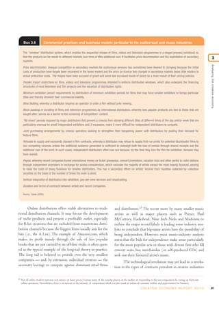 Box 3.6             Commercial practices and business models particular to the audiovisual and music industries

       The “window” distribution system, which enables the sequential release of films, videos and television programmes in a staged process (windows) so
       that the product can be resold to different markets over time at little additional cost. It facilitates price discrimination and the exploitation of secondary                            3
       markets.




                                                                                                                                                                                         Analysing the creative economy
       Price discrimination. Unequal competition in secondary markets for audiovisual services has sometimes been likened to dumping because the initial
       costs of production have largely been recovered in the home market and the price (or licence fee) charged in secondary markets bears little relation to
       actual production costs. The majors have been accused of greed and some see increased levels of piracy as a direct result of their pricing policies.

       Parallel import restrictions on films, videos and television programmes intended to enforce distribution windows, which also underpins the financing
       structures of most television and film projects and the valuation of distribution rights.

       Minimum exhibition period: requirements by distributors of minimum exhibition periods for films that may force smaller exhibitors to forego particular
       titles and thereby diminish their commercial viability.

       Blind bidding, whereby a distributor requires an operator to order a film without prior viewing.

       Block booking or bundling of films and television programmes by international distributors, whereby less popular products are tied to those that are
       sought after; serves as a barrier to the screening of competitors’ content.

       “No share” periods imposed by major distributors that prevent a cinema from showing different titles at different times of the day and/or week that are
       particularly onerous for small independent exhibitors and, if excessive, make it more difficult for independent distributors to compete.

       Joint purchasing arrangements by cinema operators seeking to strengthen their bargaining power with distributors by pooling their demand for
       feature films.

       Refusals to supply and exclusivity clauses in film contracts, whereby a distributor may refuse to supply first-run prints for potential blockbuster films to
       two competing cinemas unless the additional audience generated is sufficient to outweigh both the loss of rentals through shared receipts and the
       additional cost of the print. In such cases, independent distributors often lose out because, by the time they hire the film for exhibition, demand may
       have waned.

       Payola, whereby record companies funnel promotional money (or ticket giveaways, concert promotions, vacation trips and other perks) to radio stations
       through independent promoters in exchange for airplay consideration, which excludes the majority of artists except the most heavily financed, serving
       to raise the costs of doing business for smaller distributors. This has a secondary effect on artists’ income from royalties collected by collection
       societies on the basis of the number of times the work is aired.

       Vertical integration of distributors into exhibition, pay-per-view services and broadcasting.

       Duration and terms of contracts between artists and record companies.

       Source: Caves (2000).




       Online distribution offers viable alternatives to tradi-                                   and distributors.25 The recent move by many smaller music
tional distribution channels. It may favour the development                                       artists as well as major players such as Prince, Paul
of niche products and present a profitable outlet, especially                                     McCartney, Radiohead, Nine Inch Nails and Madonna to
for B-list creations that are excluded from mainstream distri-                                    eschew the major record labels is leading some industry ana-
bution channels because the biggest firms usually aim for the                                     lysts to conclude that big-name artists have the possibility of
hits (i.e., the A List). The example of Amazon.com, which                                         being independent. However, most music-industry analysts
makes its profit mainly through the sale of less popular                                          stress that the bids for independence make sense particularly
books that are not carried by its off-line rivals, is often quot-                                 for the most popular acts or those with devout fans who fill
ed as the typical example of the long-tail theory in practice.                                    concert seats, buy merchandise (or self-produced CDs) and
The long tail is believed to provide even the very smallest                                       seek out their favoured artist’s music.
companies — and, by extension, individual creators — the                                                 The technological revolution may yet lead to a revolu-
necessary leverage to compete against dominant retail firms                                       tion in the types of contracts prevalent in creative industries

24
     Not all online retailers represent new entries (or lower prices) because many of the existing players on the market are responding to the new competition by setting up their own
     online operations. Nevertheless, there is an increase in the intensity of competition, which can also result in enhanced consumer welfare and opportunities for business.
                                                                                                                            C R E AT I V E E C O N O M Y R E P O R T 2 0 1 0             91
 