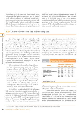 recorded and copied. In both cases, this potentially creates                          intellectual property system carries with it many issues to all
                                                    vulnerabilities for developing economies and the class of                             producers, and notably cultural producers, and especially
                                                    goods and services known as “traditional cultural expres-                             those in the developing world, of not receiving adequate
                                                    sions”. In essence, most creative-economy practitioners make                          reward for their intellectual and labour investment in creative
                                                    their living from trading in ideas; intellectual property rights                      goods and services. Second, a regulatory regime that only
                                                    (IPRs) offer a possibility for them to earn “rent” on the use                         recognizes IPRs and a single business model is unlikely to be
                                                    of these ideas. An unevenly developed, operated or governed                           either successful or effective in our times.


                                                    7.2 Connectivity and its wider impact
7
Technology, connectivity and the creative economy




                                                           One of the targets set by the world leaders at the                             adoption creates unprecedented opportunities for industries
                                                    World Summit on the Information Society (WSIS) in 2003                                and businesses in developing countries to overcome the con-
                                                    — more than half of the world’s population should have                                straints posed by limited access to resources and markets.
                                                    ready access to ICTs — appears to have been reached seven                             They also provide an opportunity for enterprises in develop-
                                                    years ahead of schedule. This is due largely to the mobile                            ing countries to obtain better access to finance through
                                                    phone revolution, which now has more than 4 billion sub-                              improved online credit information structures. Most impor-
                                                    scribers worldwide. The advent of digital and Internet-based                          tantly, ICTs lower transaction costs and facilitate trade, there-
                                                    ICTs has opened a new set of marketing and distribution                               by opening new international business opportunities.
                                                    opportunities, thereby boosting the economic potential of                             Developing countries with better and more efficient ICT
                                                    the creative economy. At the 2003 Summit, the international
                                                    community recognized the ICT sector as a pillar of econom-
                                                    ic growth and competitiveness. Paragraph 8 of the WSIS                                                   Contribution of segments of ICT industries
                                                                                                                                            Table 7.1        to global GDP 2003-2007
                                                                                                                                                                          ,
                                                    Declaration of Principles states:
                                                                                                                                                                                Contribution to global GDP (%)
                                                             We recognize that education, knowledge, informa-                                        Segment
                                                                                                                                                                              2003 2004 2005 2006        2007
                                                         tion and communication are at the core of human
                                                         progress, endeavour and well-being. Further, informa-                              Telecom services                   2.8     2.8   2.8   2.7    2.7
                                                                                                                                            Telecom equipment                  0.6     0.6   0.6   0.6    0.6
                                                         tion and communication technologies (ICTs) have an                                 Software and computer services     1.8     1.7   1.7   1.7    1.7
                                                         immense impact on virtually all aspects of our lives. The                          Computer hardware                  0.9     0.8   0.8   0.8    0.8
                                                                                                                                            Television services                0.7     0.7   0.7   0.7    0.7
                                                         rapid progress of these technologies opens completely                              Consumer electronics               0.6     0.7   0.7   0.7    0.7
                                                         new opportunities to attain higher levels of develop-                              Total                              7.4     7.3   7.3   7.3    7.2

                                                         ment. The capacity of these technologies to reduce many
                                                         traditional obstacles, especially those of time and dis-                           Source: DigiWorld (2007:24)
                                                         tance, for the first time in history makes it possible to
                                                         use the potential of these technologies for the benefit of
                                                         millions of people in all corners of the world.                                  infrastructure attract more foreign investment and outsourc-
                                                                                                                                          ing contracts and, generally, trade more.
                                                           Research being carried out by UNCTAD affirms that
                                                    ICTs contribute positively to economic growth in both devel-                                 It is noteworthy that most Internet users now reside in
                                                    oping and developed economies.2 They boost productivity by                            the developing world. Mobile phones have emerged as the
                                                    improving the efficiency of individuals, firms, sectors and the                       most widespread ICT tool in Africa, Asia, Latin America, the
                                                    economy as a whole. ICTs can also generate positive side                              Caribbean and the Pacific; they are used extensively, not only
                                                    effects in the economy through learning-by-doing, faster                              for voice communication but also for SMS (short message
                                                    transfers of know-how and increased transparency. ICT                                 service) and increasingly for other data applications such as


                                                    2
                                                        UNCTAD (2006). “Using ICT’s to achieve growth and development” Available from http://www.unctad.org/en/docs/c3em29d2_en.pdf.


190                                                 C R E AT I V E E C O N O M Y R E P O R T 2 0 1 0
 
