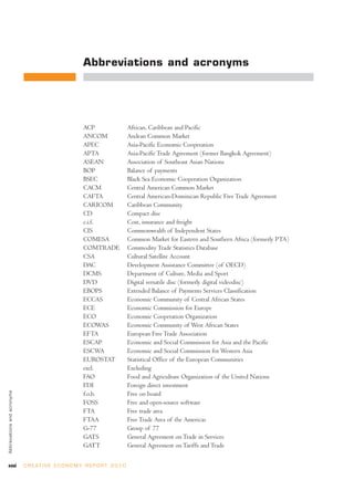 Abbreviations and acronyms




                                                        ACP                     African, Caribbean and Pacific
                                                        ANCOM                   Andean Common Market
                                                        APEC                    Asia-Pacific Economic Cooperation
                                                        APTA                    Asia-Pacific Trade Agreement (former Bangkok Agreement)
                                                        ASEAN                   Association of Southeast Asian Nations
                                                        BOP                     Balance of payments
                                                        BSEC                    Black Sea Economic Cooperation Organization
                                                        CACM                    Central American Common Market
                                                        CAFTA                   Central American-Dominican Republic Free Trade Agreement
                                                        CARICOM                 Caribbean Community
                                                        CD                      Compact disc
                                                        c.i.f.                  Cost, insurance and freight
                                                        CIS                     Commonwealth of Independent States
                                                        COMESA                  Common Market for Eastern and Southern Africa (formerly PTA)
                                                        COMTRADE                Commodity Trade Statistics Database
                                                        CSA                     Cultural Satellite Account
                                                        DAC                     Development Assistance Committee (of OECD)
                                                        DCMS                    Department of Culture, Media and Sport
                                                        DVD                     Digital versatile disc (formerly digital videodisc)
                                                        EBOPS                   Extended Balance of Payments Services Classification
                                                        ECCAS                   Economic Community of Central African States
                                                        ECE                     Economic Commission for Europe
                                                        ECO                     Economic Cooperation Organization
                                                        ECOWAS                  Economic Community of West African States
                                                        EFTA                    European Free Trade Association
                                                        ESCAP                   Economic and Social Commission for Asia and the Pacific
                                                        ESCWA                   Economic and Social Commission for Western Asia
                                                        EUROSTAT                Statistical Office of the European Communities
                                                        excl.                   Excluding
                                                        FAO                     Food and Agriculture Organization of the United Nations
                                                        FDI                     Foreign direct investment
Abbreviations and acronyms




                                                        f.o.b.                  Free on board
                                                        FOSS                    Free and open-source software
                                                        FTA                     Free trade area
                                                        FTAA                    Free Trade Area of the Americas
                                                        G-77                    Group of 77
                                                        GATS                    General Agreement on Trade in Services
                                                        GATT                    General Agreement on Tariffs and Trade

xxvi                         C R E AT I V E E C O N O M Y R E P O R T 2 0 1 0
 