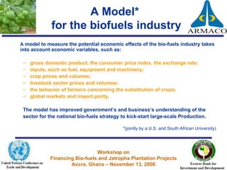 A Model*  for the biofuels industry A  model to measure the potential economic effects of the bio-fuels industry takes into account economic variables, such as: gross domestic product, the consumer price index, the exchange rate; inputs, such as fuel, equipment and machinery;  crop prices and volumes;  livestock sector prices and volumes;  the behavior of farmers concerning the substitution of crops;  global markets and import parity.  The model has improved government’s and business’s understanding of the sector for the national bio-fuels strategy to kick-start large-scale Production. *(jointly by a U.S. and  South African University)   