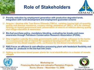 Role of Stakeholders   Poverty reduction by employment generation with productive degraded lands. Integration with rural development and employment guarantee scheme  Acquire / develop elite Tree Borne Oilseeds (TBO’s)  varieties having high oil quantity, quality and disease resistance, nursery raising, plantation of TBO’s, JV’s for contract farming on leased government land, preservation of seed & oil without altering quality and village education & awareness. Bio-fuel purchase policy, mandatory blending, evaluating tax breaks and mass awareness through Petroleum Conservation Research Association (PCRA). Drip irrigation subsidy thru state governments (with a ceiling), refinance to the banks at a concessional rate of interest for wasteland development with TBO’s, re-finance support for bio-diesel expeller units, co-finance for bio-diesel manufacturing.  R&D Focus on efficient & cost effective processing plant with feedstock flexibility and studies on  products in the bio-fuel link chain.  Setting up bio-mass based power plants for rural electrification in a cluster of remote villages. 