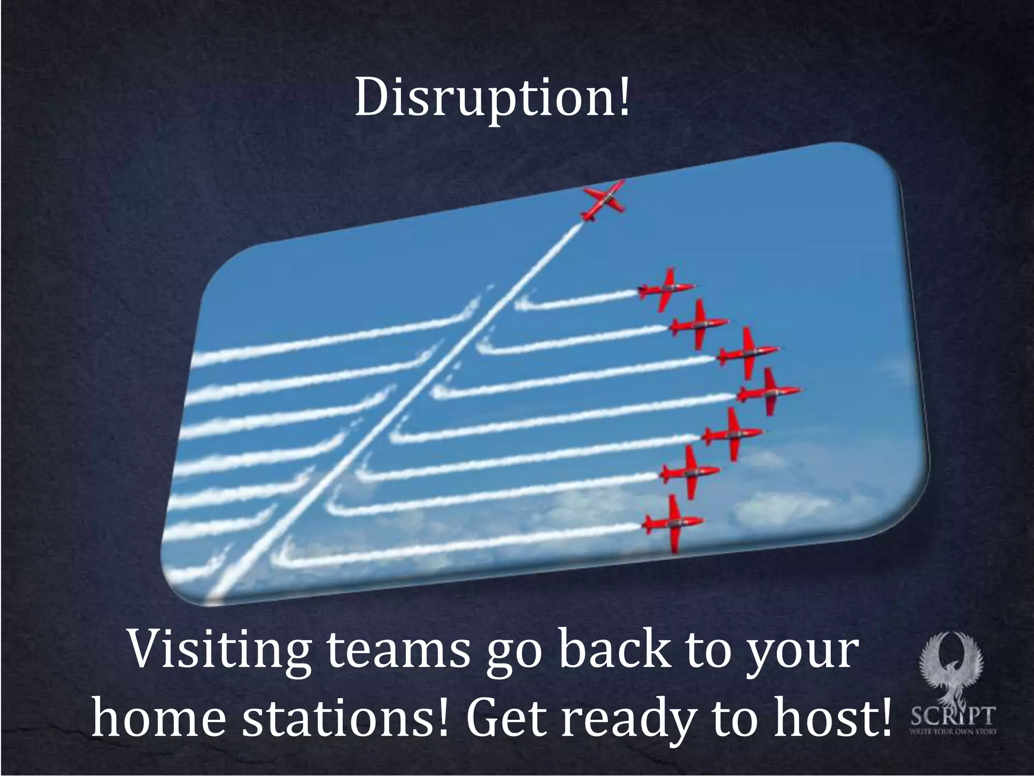 Disruption!
Visiting teams go back to your
home stations! Get ready to host!
 