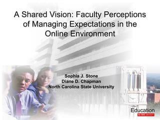 A Shared Vision: Faculty Perceptions
  of Managing Expectations in the
       Online Environment




                Sophia J. Stone
               Diane D. Chapman
         North Carolina State University
 