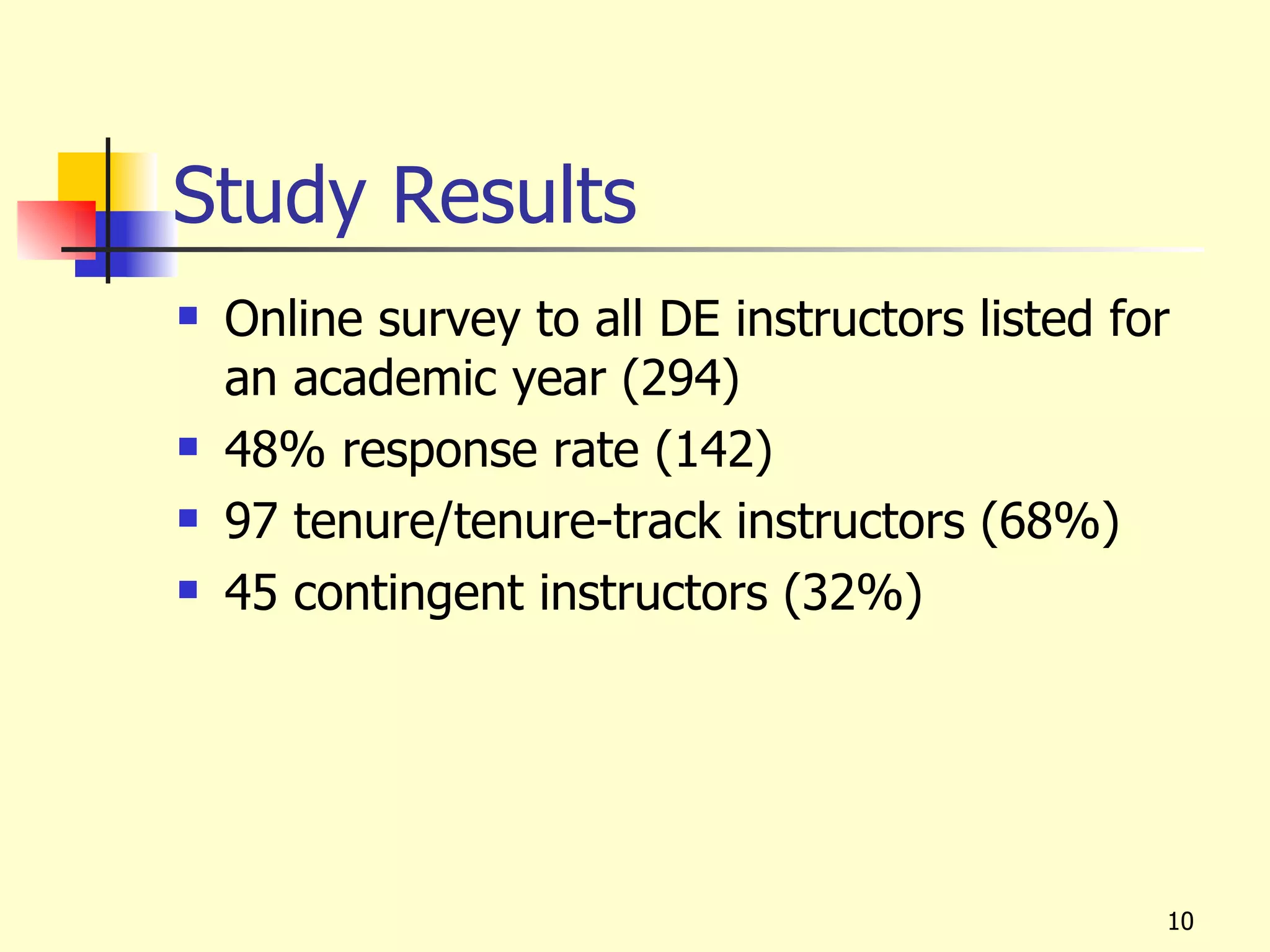 Study Results
   Online survey to all DE instructors listed for
    an academic year (294)
   48% response rate (142)
   97 tenure/tenure-track instructors (68%)
   45 contingent instructors (32%)




                                                 10
 