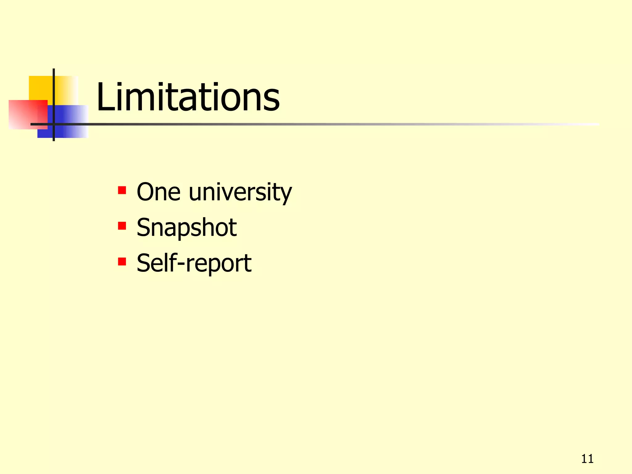 Limitations

    One university
    Snapshot
    Self-report




                      11
 