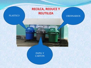 RECILCA, REDUCE Y
               REUTILIZA
PLASTICO                       ORDINARIOS




             PAPEL Y
             CARTON
 