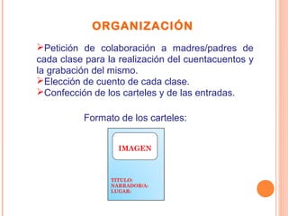 ORGANIZACIÓN
Petición de colaboración a madres/padres de
cada clase para la realización del cuentacuentos y
la grabación del mismo.
Elección de cuento de cada clase.
Confección de los carteles y de las entradas.
TITULO:
NARRADOR/A:
LUGAR:
IMAGEN
Formato de los carteles: