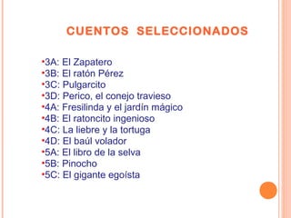 CUENTOS SELECCIONADOS
•3A: El Zapatero
•3B: El ratón Pérez
•3C: Pulgarcito
•3D: Perico, el conejo travieso
•4A: Fresilinda y el jardín mágico
•4B: El ratoncito ingenioso
•4C: La liebre y la tortuga
•4D: El baúl volador
•5A: El libro de la selva
•5B: Pinocho
•5C: El gigante egoísta