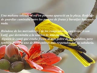 Una mañana soleada el rey en persona apareció en la plaza. Rodeado de guardias caminaba entre los puestos de frutas y baratijas buscando nada. Riéndose de los mercaderes y de los compradores, casi tropezó con Latif, que dormitaba a la sombra de una encina.  Alguien le contó que estaba frente al más pobre de sus súbditos, pero también frente a uno de los hombres más respetados por su sabiduría. 