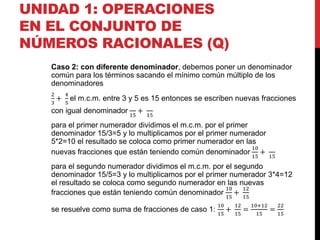 UNIDAD 1: OPERACIONES
EN EL CONJUNTO DE
NÚMEROS RACIONALES (Q)
Caso 2: con diferente denominador, debemos poner un denominador
común para los términos sacando el mínimo común múltiplo de los
denominadores
2
3
+
4
5
el m.c.m. entre 3 y 5 es 15 entonces se escriben nuevas fracciones
con igual denominador
15
+
15
para el primer numerador dividimos el m.c.m. por el primer
denominador 15/3=5 y lo multiplicamos por el primer numerador
5*2=10 el resultado se coloca como primer numerador en las
nuevas fracciones que están teniendo común denominador
10
15
+ 15
para el segundo numerador dividimos el m.c.m. por el segundo
denominador 15/5=3 y lo multiplicamos por el primer numerador 3*4=12
el resultado se coloca como segundo numerador en las nuevas
fracciones que están teniendo común denominador
10
15
+
12
15
se resuelve como suma de fracciones de caso 1:
10
15
+
12
15
=
10+12
15
=
22
15
 