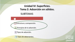 Unidad IV: Superficies.
Tema 2: Adsorción en sólidos.
SUBTEMAS
1. Estructura y composición.
2. Principios de la adsorción.
3. Tipos de adsorción.
4. Tipos de adsorventes.
 