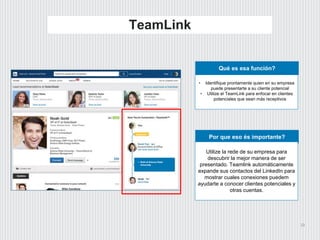 TeamLink
23
Qué es esa función?
• Identifique prontamente quien en su empresa
puede presentarte a su cliente potencial
• U...