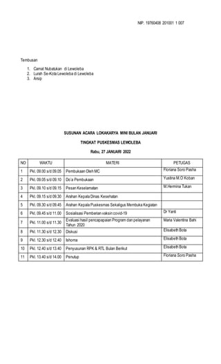 NIP. 19760408 201001 1 007
Tembusan
1. Camat Nubatukan di Lewoleba
2. Lurah Se-Kota Lewoleba di Lewoleba
3. Arsip
SUSUNAN ACARA LOKAKARYA MINI BULAN JANUARI
TINGKAT PUSKESMAS LEWOLEBA
Rabu, 27 JANUARI 2022
NO WAKTU MATERI PETUGAS
1 Pkl. 09.00 s/d 09.05 Pembukaan Oleh MC Floriana Soro Pasha
2 Pkl. 09.05 s/d 09.10 Do’a Pembukaan Yustina M.O Koban
3 Pkl. 09.10 s/d 09.15 Pesan Keselamatan M.Hermina Tukan
4 Pkl. 09.15 s/d 09.30 Arahan Kepala Dinas Kesehatan
5 Pkl. 09.30 s/d 09.45 Arahan Kepala Puskesmas Sekaligus Membuka Kegiatan
6 Pkl. 09.45 s/d 11.00 Sosialisasi Pemberian vaksin covid-19 Dr Yanti
7 Pkl. 11.00 s/d 11.30
Evaluasi hasil pencapapaian Program dan pelayanan
Tahun 2020
Maria Valentina Bahi
8 Pkl. 11.30 s/d 12.30 Diskusi Elisabeth Bota
9 Pkl. 12.30 s/d 12.40 Ishoma Elisabeth Bota
10 Pkl. 12.40 s/d 13.40 Penyusunan RPK & RTL Bulan Berikut Elisabeth Bota
11 Pkl. 13.40 s/d 14.00 Penutup Floriana Soro Pasha
 