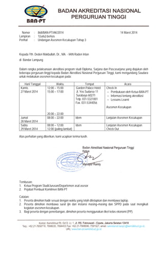  
RRRNomor : 868/BAN-PT/AK/2014 14 Maret 2014
Lampiran : 1(satu) berkas
Perihal : Undangan Asesmen Kecukupan Tahap 3
Kepada Yth. Deden Makbullah, Dr., MA. - IAIN Raden Intan
di Bandar Lampung
Dalam rangka pelaksanaan akreditasi program studi Diploma, Sarjana dan Pascasarjana yang diajukan oleh
beberapa perguruan tinggi kepada Badan Akreditasi Nasional Perguruan Tinggi, kami mengundang Saudara
untuk melakukan asesmen kecukupan pada:
Hari/ Tanggal Waktu Tempat Acara
Kamis
27 Maret 2014
12:00 – 15:00
15:00 – 17:00
20.00 – 22.00
Garden Palace Hotel
Jl. Yos Sudarso 11
Surabaya 60271
Telp. 031-5321001
Fax. 031-5344056
Check In
 Pembukaan oleh Ketua BAN-PT
 Informasi tentang akreditasi
 Lessons Learnt
Asesmen Kecukupan
Jumat
28 Maret 2014
08:00 – 22:00 Idem Lanjutan Asesmen Kecukupan
Sabtu
29 Maret 2014
08:00 – 12:00
12:00 (paling lambat)
Idem Lanjutan Asesmen Kecukupan
Check Out
Atas perhatian yang diberikan, kami ucapkan terima kasih.
Tembusan:
1. Ketua Program Studi/Jurusan/Departemen asal asesor
2. Pejabat Pembuat Komitmen BAN-PT
Catatan:
1. Peserta dimohon hadir sesuai dengan waktu yang telah ditetapkan dan membawa laptop.
2. Peserta dimohon membawa surat ijin dari instansi masing–masing dan SPPD pada saat mengikuti
kegiatan asesmen kecukupan.
3. Bagi peserta dengan penerbangan, dimohon peserta menggunakan tiket kelas ekonomi (PP).
 
 