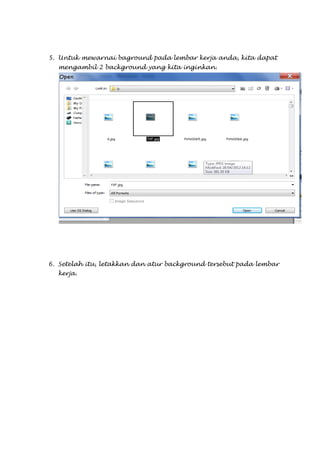 5. Untuk mewarnai baground pada lembar kerja anda, kita dapat
  mengambil 2 background yang kita inginkan.




6. Setelah itu, letakkan dan atur background tersebut pada lembar
  kerja.
 