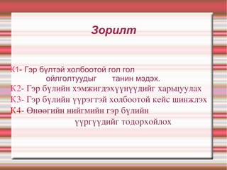Зорилт
К1- Гэр бүлтэй холбоотой гол гол
ойлголтуудыг танин мэдэх.
К2­ Гэр бүлийн хэмжигдэхүүнүүдийг харьцуулах
К3­ Гэр бүлийн үүрэгтэй холбоотой кейс шинжлэх
К4­ Өнөөгийн нийгмийн гэр бүлийн 
                            үүргүүдийг тодорхойлох
 
