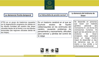 Se desarrolla en personas
que nacen con material
genético adicional del
cromosoma 21, uno de los 23
cromosomas humanos. Al
igual que las personas con el
síndrome de Down
envejecen, esas personas
tienen un riesgo mucho
mayor de desarrollar un tipo
de demencia que es el
mismo o muy similar a la
enfermedad de Alzheimer
La demencia fronto-temporal La hidrocefalia de presión normal
La demencia del síndrome de
Down
(FTD) es un grupo de trastornos causados
por la degeneración progresiva de células en
los lóbulos frontales del cerebro (las áreas
ubicadas detrás de la frente) o en sus lóbulos
temporales (las regiones ubicadas detrás de
las orejas).
Es un trastorno cerebral en el que se
acumula exceso de líquido
cefalorraquídeo en los ventrículos del
cerebro, causando problemas de
pensamiento y razonamiento, dificultad
para caminar y pérdida del control de
la vejiga
 