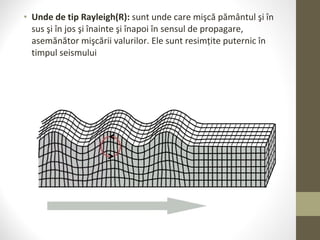 • Unde de tip Rayleigh(R): sunt unde care mişcă pământul şi în
sus şi în jos şi înainte şi înapoi în sensul de propagare,
asemănător mişcării valurilor. Ele sunt resimțite puternic în
timpul seismului
 