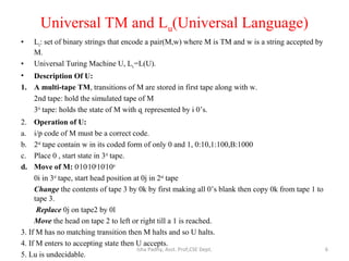 Universal TM and Lu(Universal Language)
• Lu: set of binary strings that encode a pair(M,w) where M is TM and w is a string accepted by
M.
• Universal Turing Machine U, Lu=L(U).
• Description Of U:
1. A multi-tape TM, transitions of M are stored in first tape along with w.
2nd tape: hold the simulated tape of M
3rd
tape: holds the state of M with qi represented by i 0’s.
2. Operation of U:
a. i/p code of M must be a correct code.
b. 2nd
tape contain w in its coded form of only 0 and 1, 0:10,1:100,B:1000
c. Place 0 , start state in 3rd
tape.
d. Move of M: 0i
10j
10k
10l
10m
0i in 3rd
tape, start head position at 0j in 2nd
tape
Change the contents of tape 3 by 0k by first making all 0’s blank then copy 0k from tape 1 to
tape 3.
Replace 0j on tape2 by 0l
Move the head on tape 2 to left or right till a 1 is reached.
3. If M has no matching transition then M halts and so U halts.
4. If M enters to accepting state then U accepts.
5. Lu is undecidable.
6Isha Padhy, Asst. Prof,CSE Dept.
 