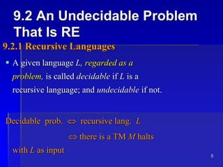 5
9.2 An Undecidable Problem
That Is RE
9.2.1 Recursive Languages
 A given language L, regarded as a
problem, is called decidable if L is a
recursive language; and undecidable if not.
Decidable prob.  recursive lang. L
 there is a TM M halts
with L as input
 