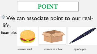 POINT
We can associate point to our real-
life.
Example:
sesame seed corner of a box tip of a pen
 