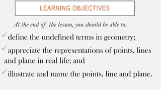 LEARNING OBJECTIVES
At the end of the lesson, you should be able to:
define the undefined terms in geometry;
appreciate the representations of points, lines
and plane in real life; and
illustrate and name the points, line and plane.
 