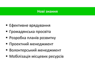 Ефективне врядування Громадянська просвіта Розробка планів розвитку Проектний менеджмент Волонтерський менеджмент Мобілізація місцевих ресурсів Нові знання 