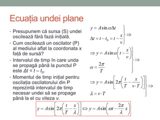 Ecuaţia undei plane
                                      y       A sin           t
• Presupunem că sursa (S) undei
  oscilează fără fază iniţială.                                   x
                                          t       t t0        t
• Cum oscilează un oscilator (P)                                  v
  al mediului aflat la coordonata x                                   x
  faţă de sursă?                              y       A sin       t
                                                                      v
• Intervalul de timp în care unda
  se propagă până la punctul P                    2
  este Δt = t – t0.                               T
• Momentul de timp iniţial pentru                                     t    x
  oscilaţia oscilatorului din P               y       A sin 2
  reprezintă intervalul de timp                                       T   v T
  necesar undei să se propage                 v T
  până la el cu viteza v.
                             t x                                  2
              y A sin 2               y       A sin       t           x
                             T
 