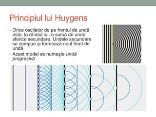 Principiul lui Huygens
• Orice oscilator de pe frontul de undă
  este, la rândul lui, o sursă de unde
  sferice secundare. Undele secundare
  se compun şi formează noul front de
  undă
• Acest model se numeşte undă
  progresivă
 