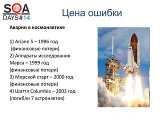 Цена ошибки
Аварии в космонавтике
1) Ariane 5 – 1996 год
(финансовые потери)
2) Аппараты исследования
Марса – 1999 год
(финансовые потери)
3) Морской старт – 2000 год
(финансовые потери)
4) Шаттл Columbia – 2003 год
(погибли 7 астронавтов)

 
