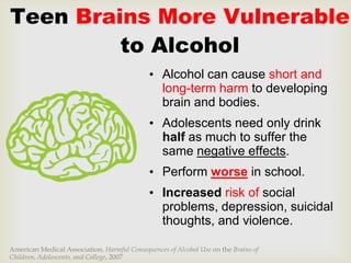 Teen Brains More Vulnerable
         to Alcohol
                                              • Alcohol can cause short and
                                                long-term harm to developing
                                                brain and bodies.
                                              • Adolescents need only drink
                                                half as much to suffer the
                                                same negative effects.
                                              • Perform worse in school.
                                              • Increased risk of social
                                                problems, depression, suicidal
                                                thoughts, and violence.

American Medical Association, Harmful Consequences of Alcohol Use on the Brains of
Children, Adolescents, and College, 2007
 