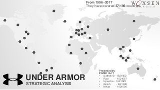 UNDER ARMOR
STRATEGIC ANALYSIS
Presented by
PGDM 16-17
• Sathvik © - 1621062
• Ravi - 1621067
• Upendra - 1621025
• Girish - 1621052
• Nikita - 1621006
From 1996 -2017
They have covered 37/196 countries.
 